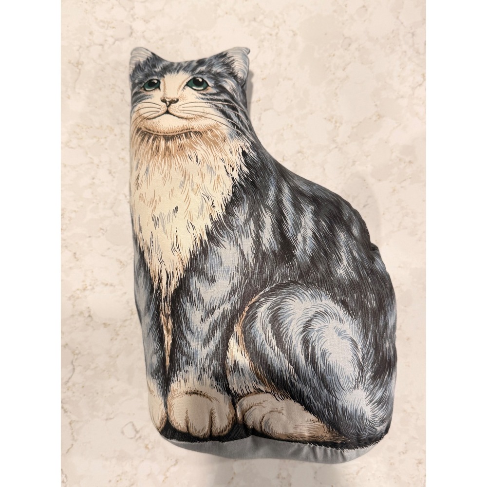 Vintage Grey Tabby Cat Cottagecore Fabric Grandmacore Decorative Pillow 14‎ Inch